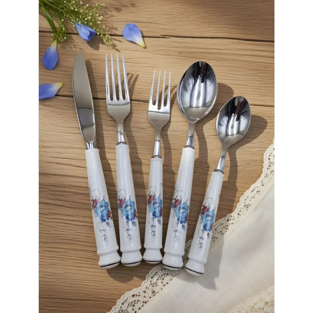 Vintage Noritake Bleufleur Flatware Set - 20pc Stainless Porcelain Japan Floral